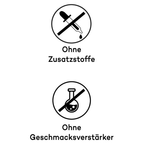 Zwei Minimal-Icons: eines mit einer durchgestrichenen Pipette für 'Ohne Zusatzstoffe' und eines mit einem durchgestrichenen Reagenzglas für 'Ohne Geschmacksverstärker'. Schwarze Symbole auf weißem Hintergrund.