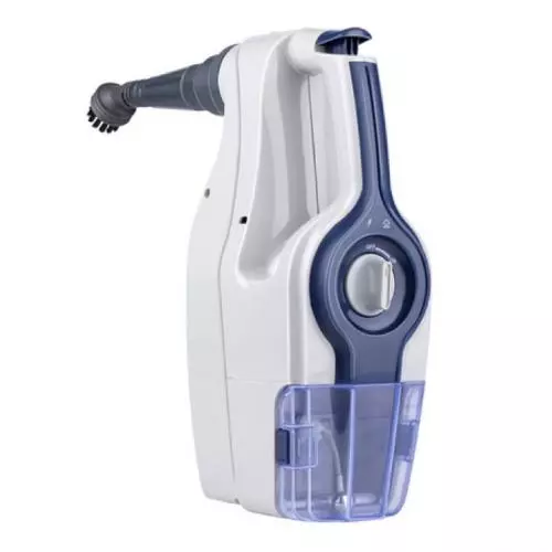 Weiß-blauer tragbarer Dampfreiniger mit Handdüse und durchsichtigem Wasserbehälter