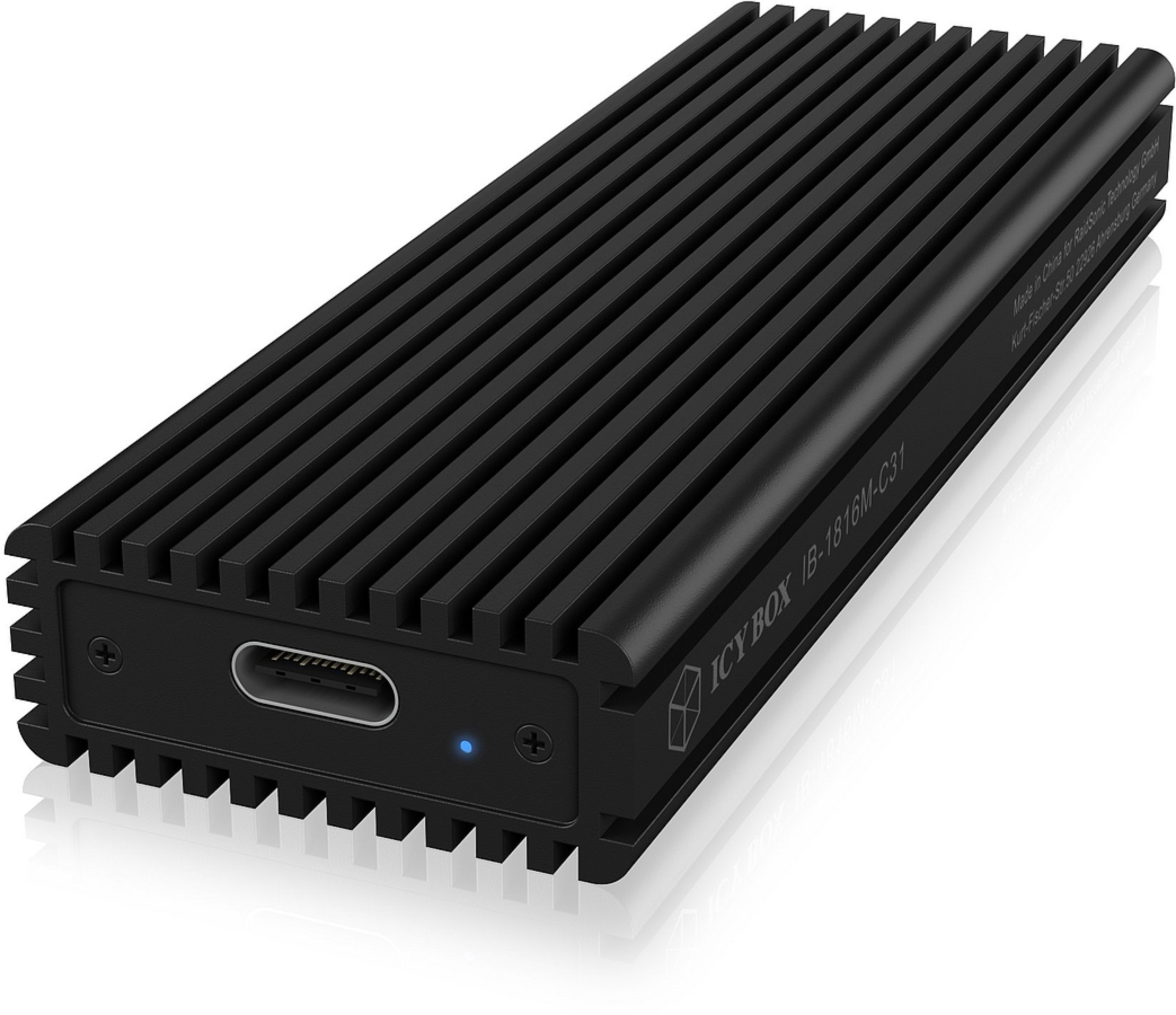 Schwarzes SSD-Gehäuse mit Kühlrippen und USB-C-Anschluss, geeignet für M.2 SSDs, von Icy Box