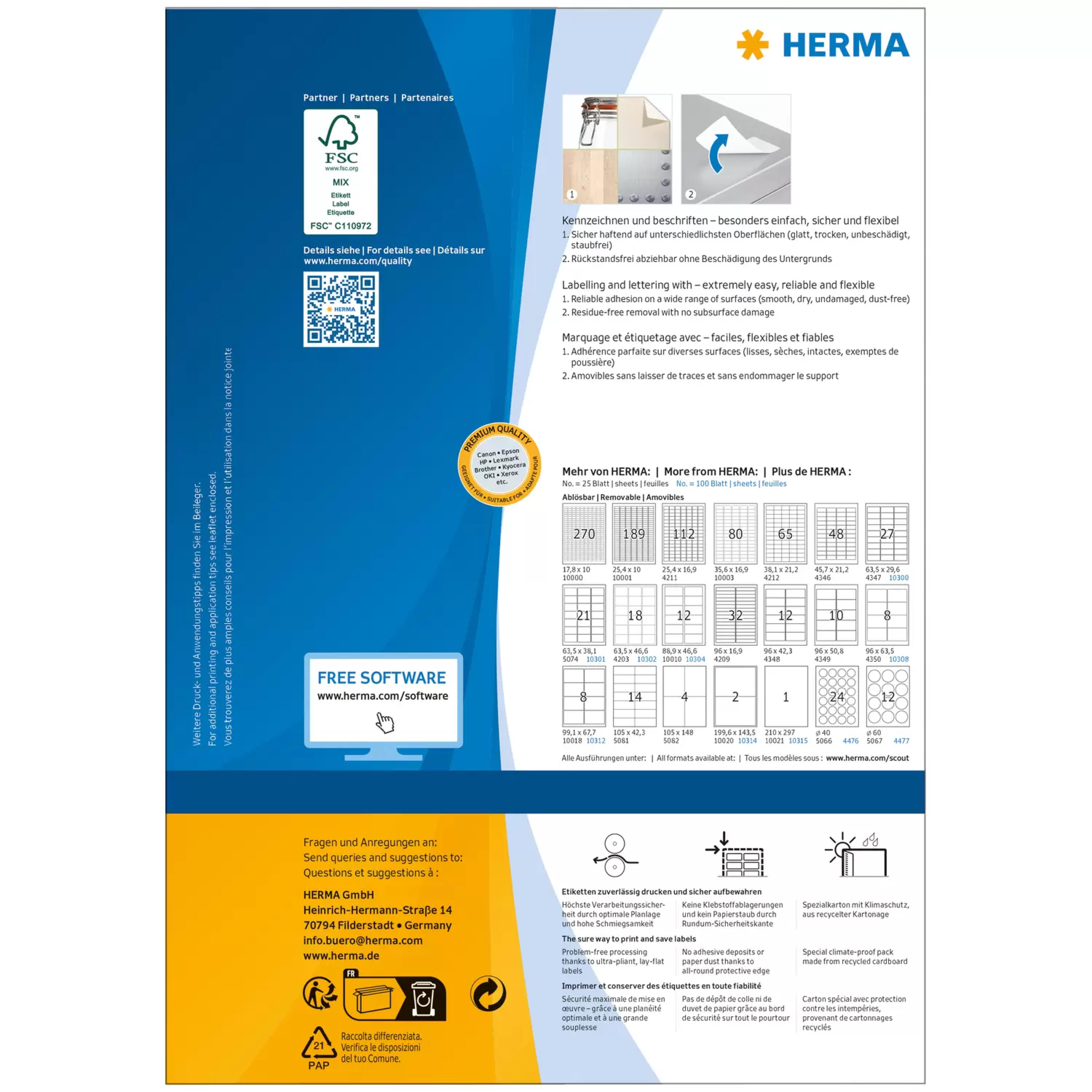HERMA Adressetiketten A4 weiss 63,5x38,1 mm 2100 St.