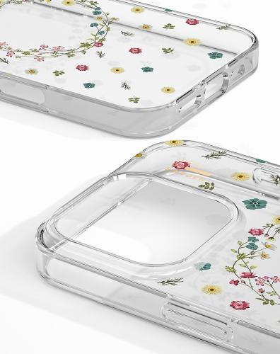 Nahaufnahme einer transparenten iPhone-Hülle mit zarten Blumenmustern in verschiedenen Farben
