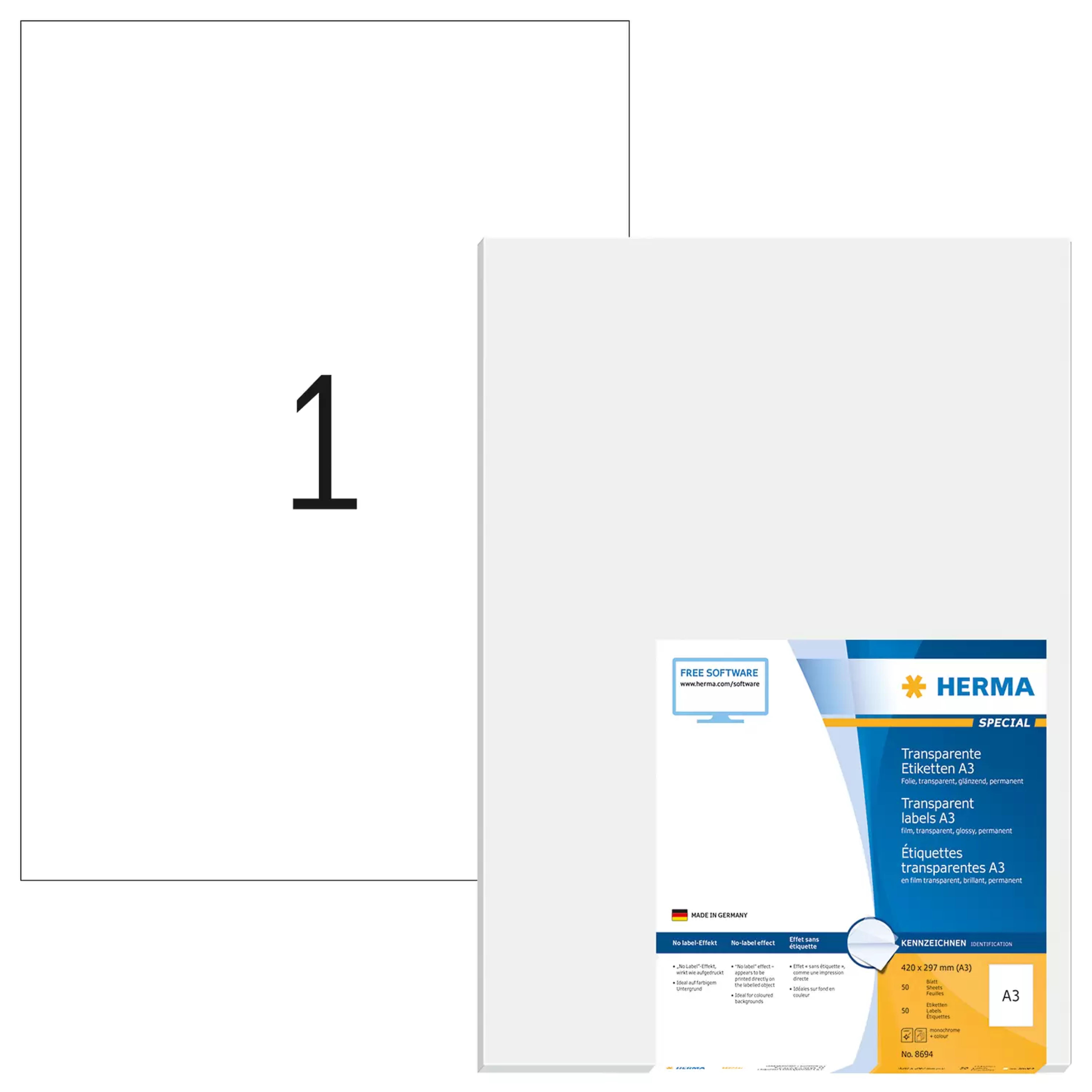 HERMA A3-Etiketten transp. 297x420 mm Folie glaenzend 50 St.