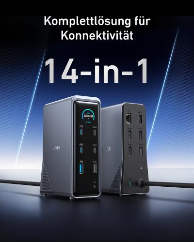 14-in-1 Dockingstation für umfassende Konnektivität Anker 14-in-1 Dockingstation, Komplettlösung für Konnektivität, zeigt mehrere Anschlüsse und ein modernes Design