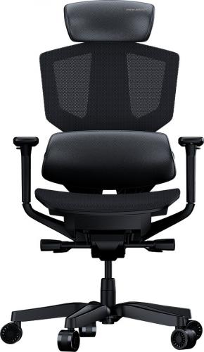 Schwarzer ergonomischer Bürostuhl mit Netzrückenlehne, verstellbarer Kopfstütze und Armlehnen