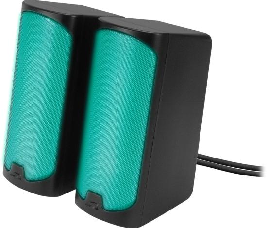 Zwei kompakte schwarze Lautsprecher mit grünem Gitter, verbunden durch ein Kabel