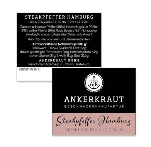 Produktbild des Ankerkraut Steakpfeffer Hamburg Gewürz mit Zutatenliste und Herstellerinformationen