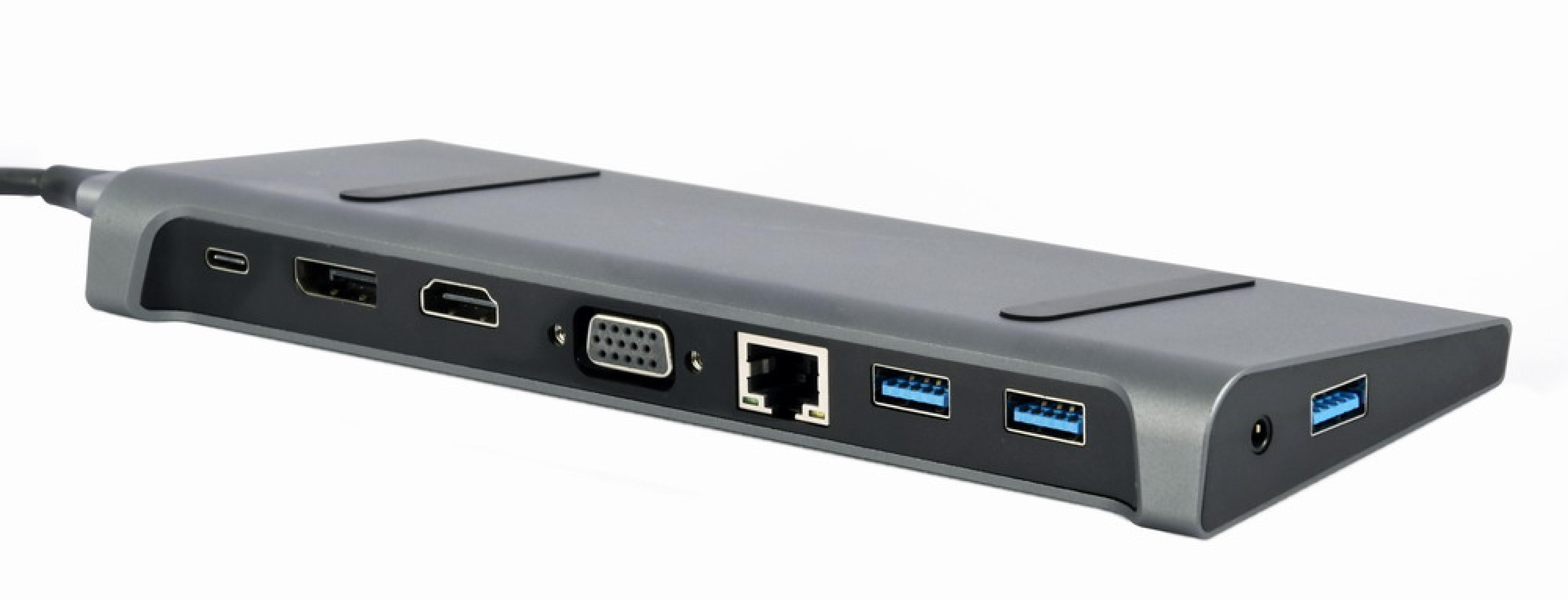gembird USB Typ-C 9-in-1 Kombi Adapter HUB+HDMI+DP+LAN grau