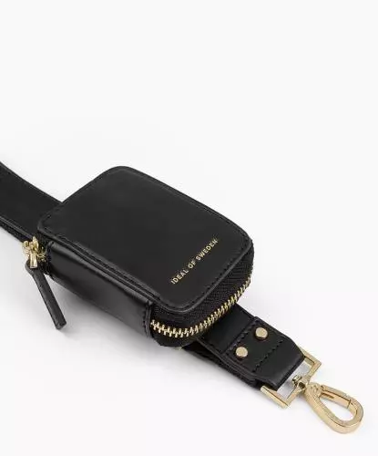 Schwarze Gürteltasche mit goldenen Reißverschlüssen und Karabinerhaken