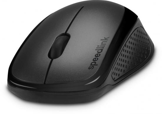 Schwarze kabellose Speedlink Computermaus mit ergonomischem Design und strukturierter Seitenfläche