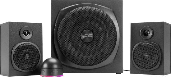 Schwarzes 2.1 Lautsprechersystem mit Subwoofer und zwei Satellitenlautsprechern