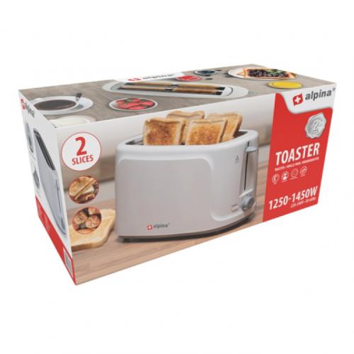 Verpackung eines Alpina Toasters mit Platz für zwei Scheiben und 1250-1450W Leistung