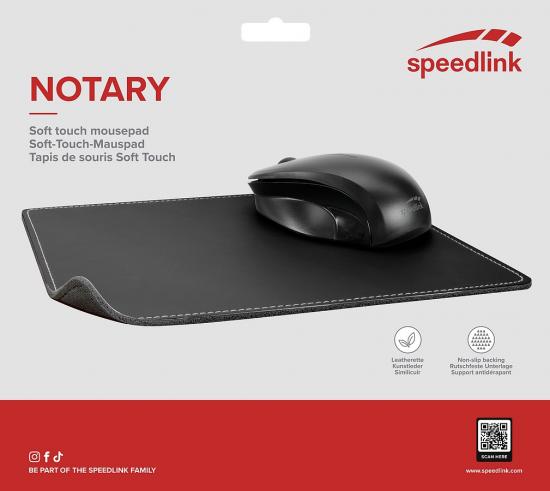 Ein Speedlink NOTARY Soft-Touch-Mauspad in Schwarz mit einer schwarzen Computermaus darauf, rutschfeste Oberfläche erkennbar.