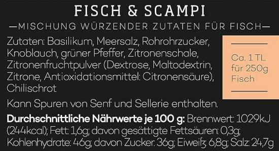 Verpackungsbild einer Fisch & Scampi Würzmischung mit Zutatenliste und Nährwertangaben