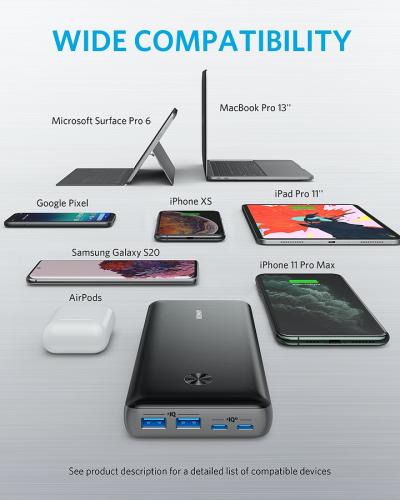Powerbank mit breiter Kompatibilität für verschiedene Geräte Powerbank kompatibel mit Microsoft Surface Pro 6, MacBook Pro 13, iPad Pro 11, iPhone XS, Samsung Galaxy S20, iPhone 11 Pro Max, Google Pixel, AirPods.