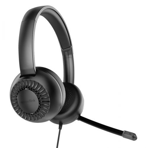 Schwarzes kabelgebundenes Headset mit Over-Ear-Design und flexiblem Mikrofonarm