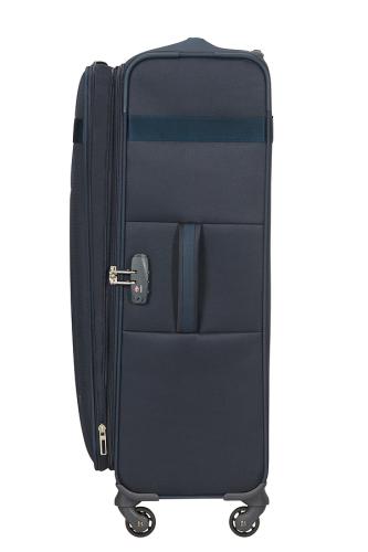 Seitliche Ansicht eines blauen Rollkoffers mit vier Rädern und integriertem TSA-Schloss.