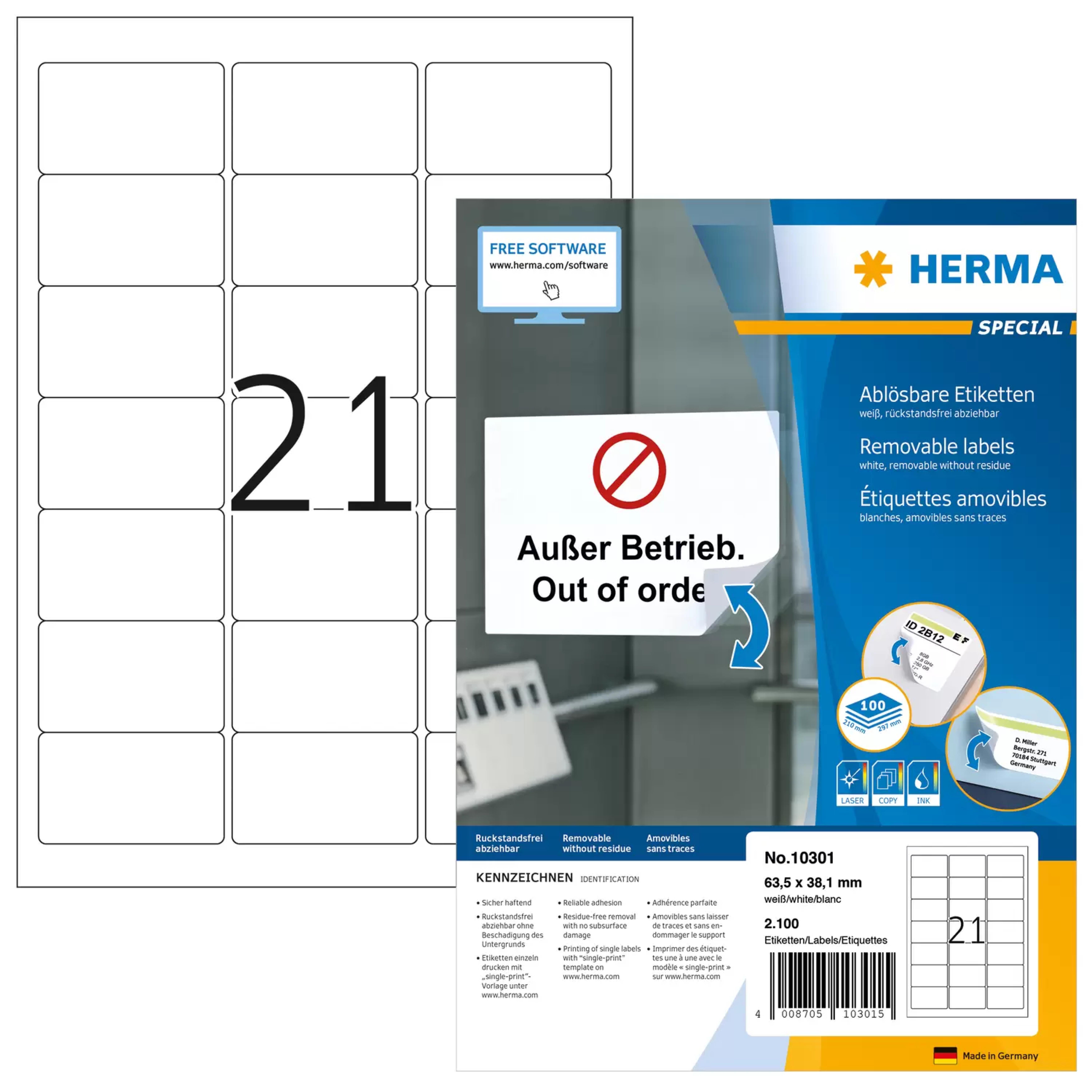 HERMA Adressetiketten A4 weiss 63,5x38,1 mm 2100 St.