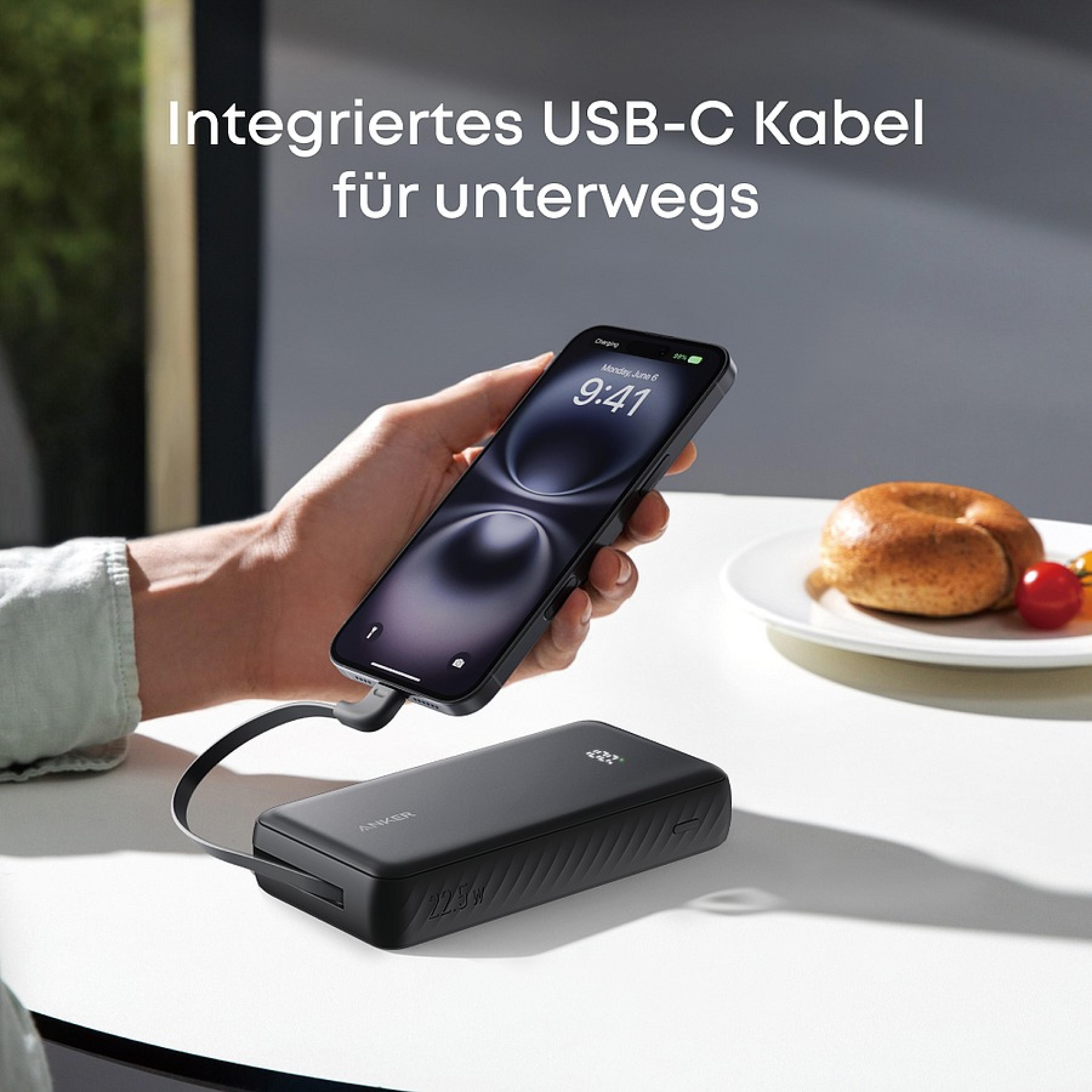 ANKER 20.000 mAh Power Bank  22.5W, Built-In USB-C Cable, black