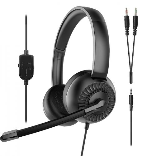 Schwarzes Over-Ear-Headset mit Mikrofon, Lautstärkeregler und Anschlusskabeln