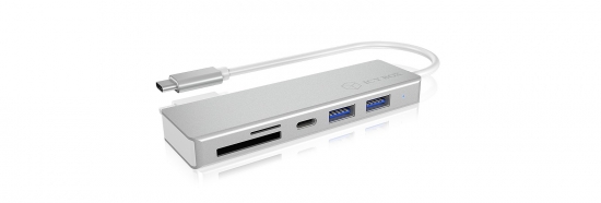Silberner USB-C Hub Adapter mit mehreren Anschlüssen, darunter USB-C, USB 3.0 und SD-Kartenleser
