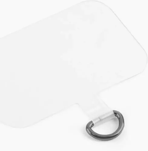 Ein rechteckiger, transparenter Schlüsselanhänger aus Acryl mit einem schwarzen Metallring.