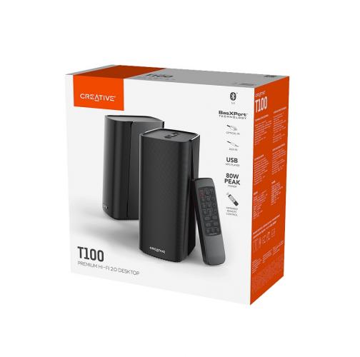 Verpackung der Creative T100 Desktop-Lautsprecher mit Bluetooth, USB und 80W Leistung