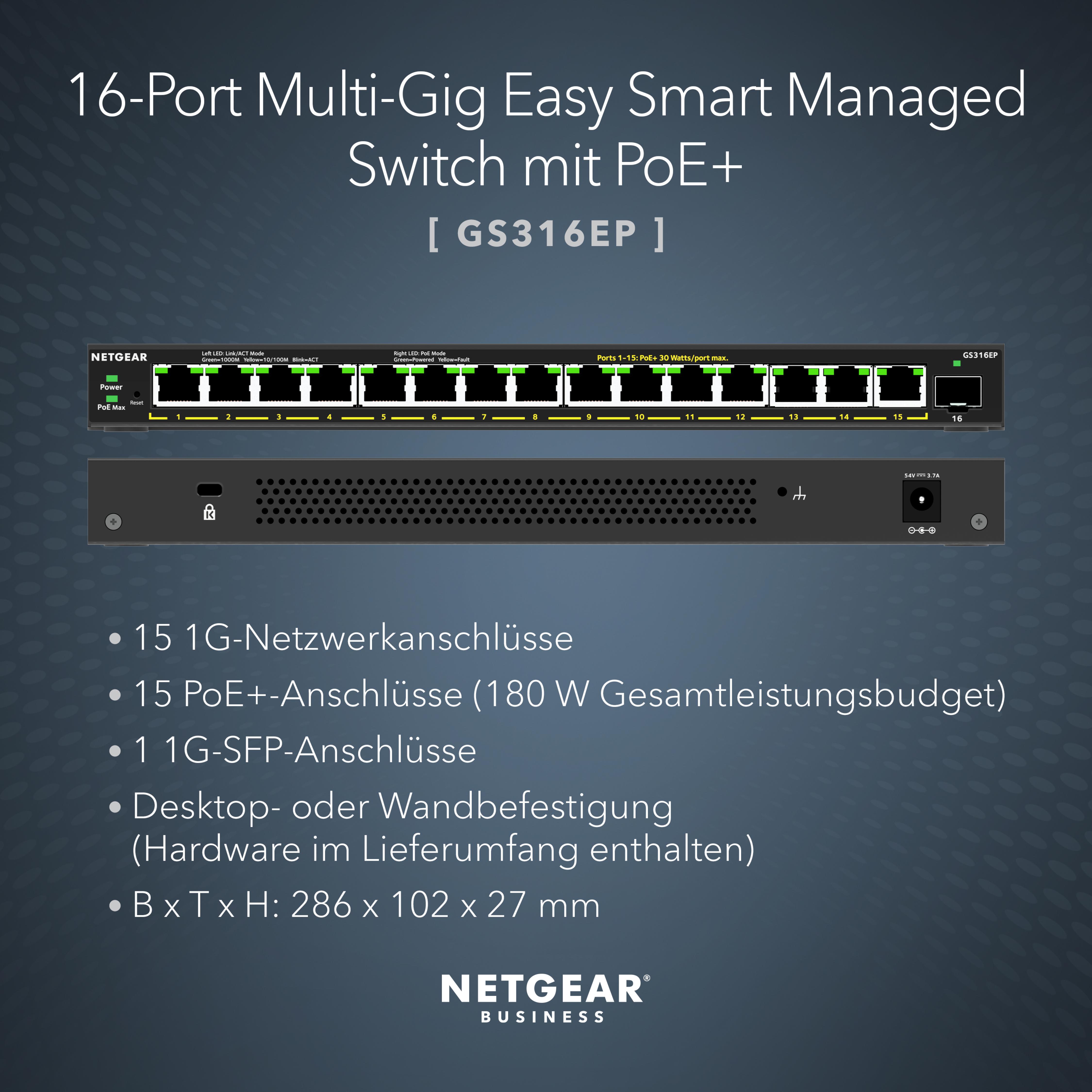 NETGEAR 16PT GE PLUS SWCH W/ POE+ (GS316EP)