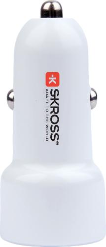 Weißer SKROSS USB-Autoadapter mit Markenschriftzug, zwei Ladeanschlüsse