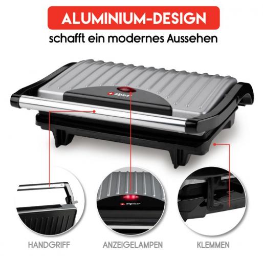 Kontaktgrill mit Aluminium-Oberfläche, Handgriff, Kontrollleuchten und Klemmen