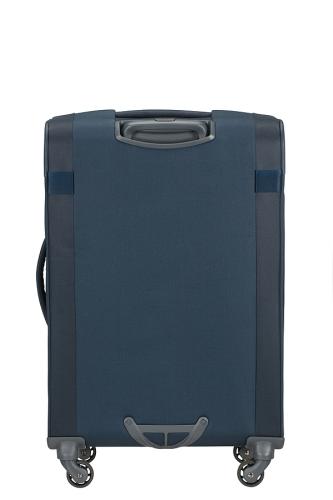 Rückansicht eines blauen Rollkoffers mit vier Rollen und einem stabilen Griff