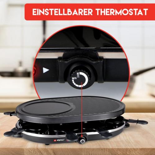 Raclette Grill mit Zoom auf einstellbaren Thermostat, Küchenumgebung im Hintergrund