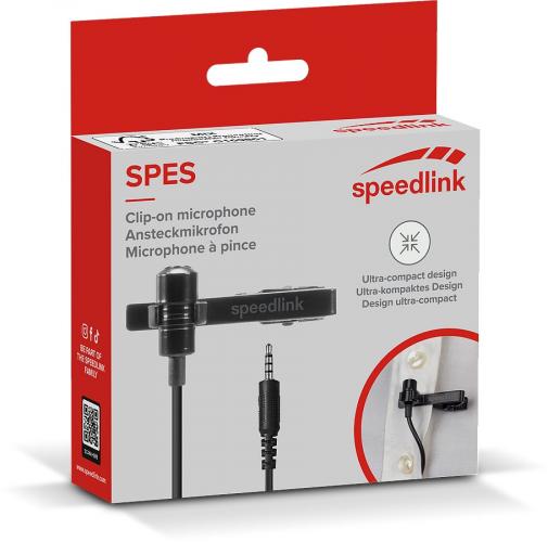 Verpackung des Speedlink SPES Ansteckmikrofons mit abgebildetem Mikrofon und Beschreibung in mehreren Sprachen