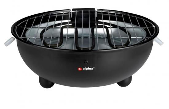 Schwarzer tragbarer Tischgrill mit Metallrosten und alpina-Logo