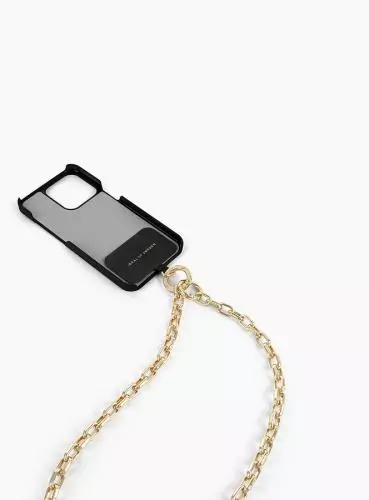 Schwarze Handyhülle mit integrierter goldener Kette für stilvolles Tragen