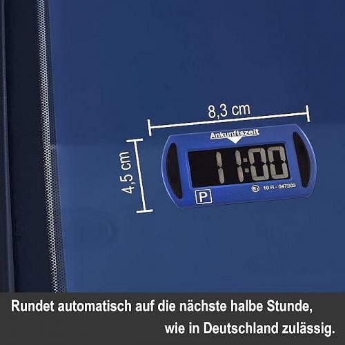 Elektronische Parkscheibe auf einer Windschutzscheibe mit digitaler Anzeige, die automatisch auf die nächste halbe Stunde rundet, 8,3 cm x 4,5 cm.
