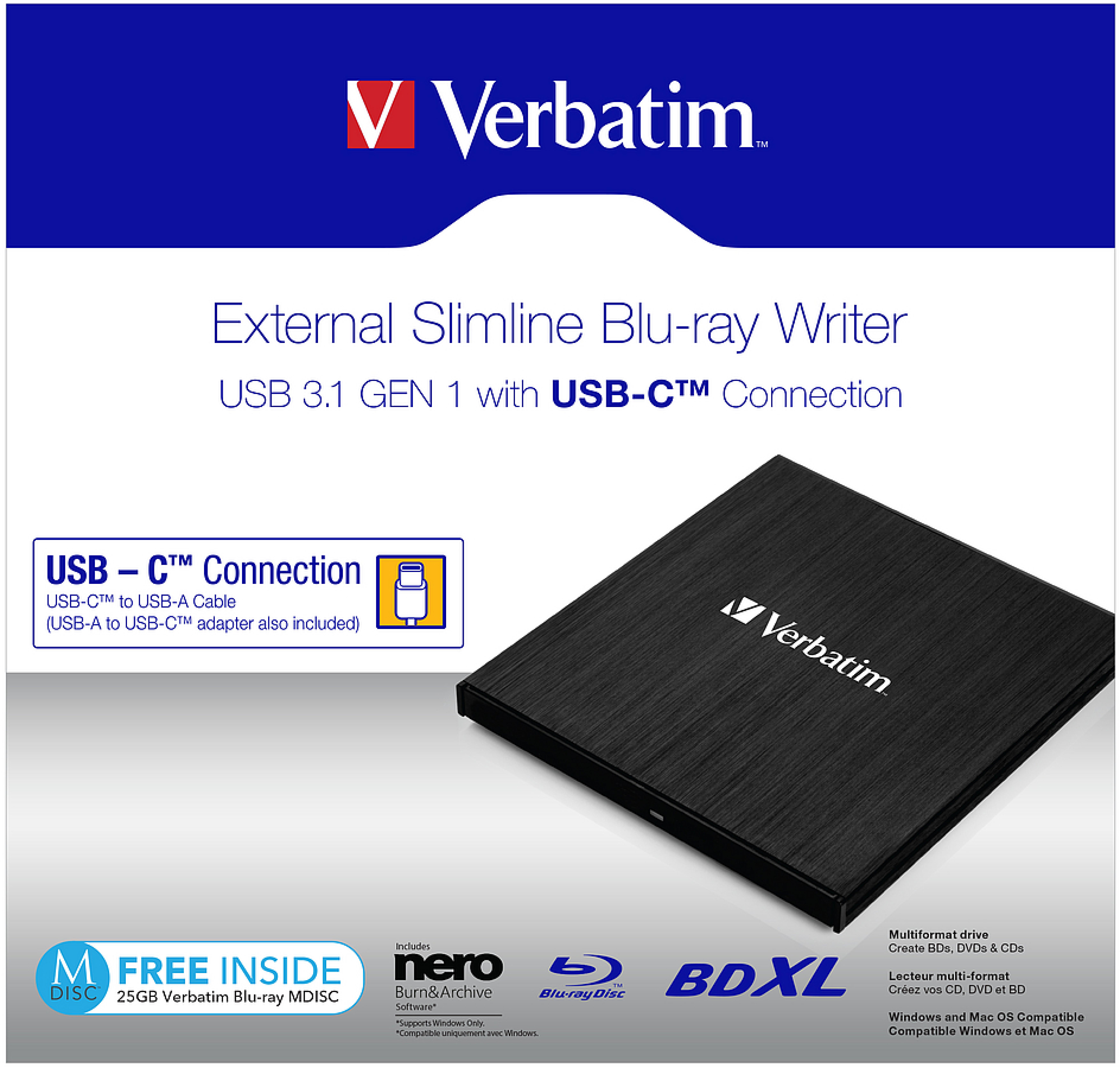 VERBATIM ext. Slimline USB 3.0 Blu-ray Writer USB-C