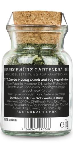 Ein Glas Ankerkraut Quarkgewürz Gartenkräuter mit Korkverschluss, 65g, für die Kräuterquark-Zubereitung.