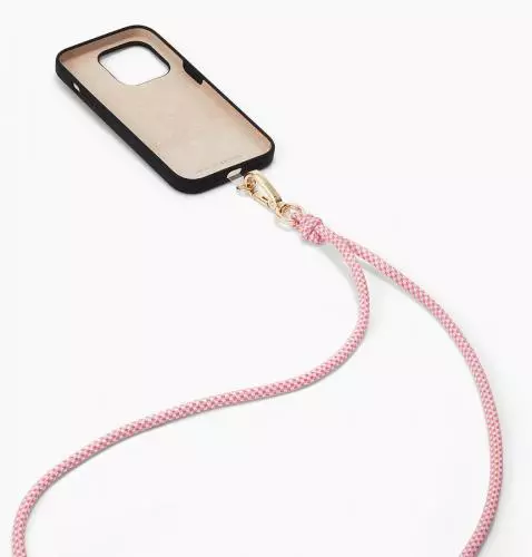 Elegante Handykette, schwarze Hülle mit abnehmbarem pinkem Band
