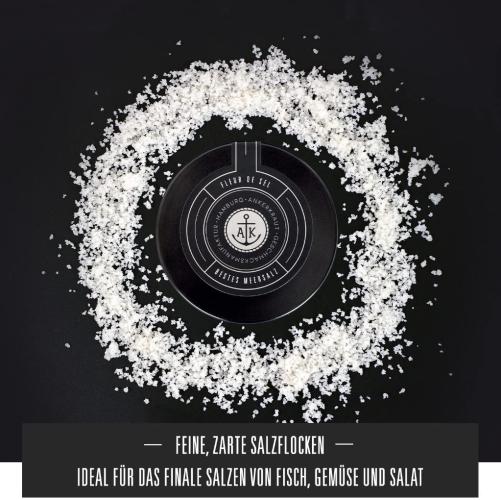 Runde Dose mit feinen Salzflocken, ideal für Fisch, Gemüse und Salat