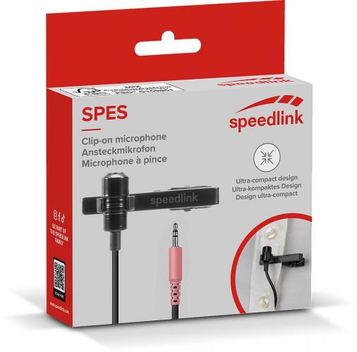 Verpackung des Speedlink SPES Ansteckmikrofons mit Clip und 3,5-mm-Klinkenstecker