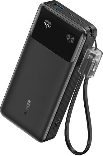 Kompakte Powerbank mit LED-Anzeige und Schnellladefunktion Schwarze Powerbank mit LED-Anzeige, USB-Anschlüssen und Trageschlaufe