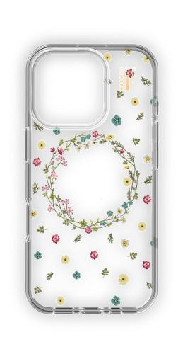 Eine transparente Handyhülle mit bunten Blumenmustern in Kreisform, geeignet für Smartphones.