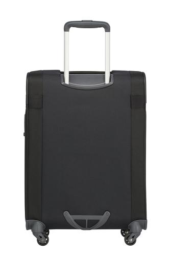 Schwarzer Rollkoffer mit vier Rollen und Teleskopgriff, ideal für Reisen