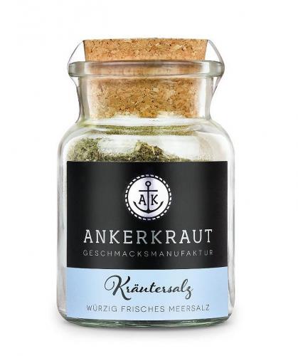 Ein Glas mit Ankerkraut-Kräutersalz und Korkverschluss, beschriftet mit 'Geschmacksmanufaktur'. Ideal für würzige Gerichte.