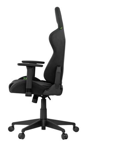 Schwarzer ergonomischer Bürostuhl mit verstellbaren Armlehnen seitlich gesehen