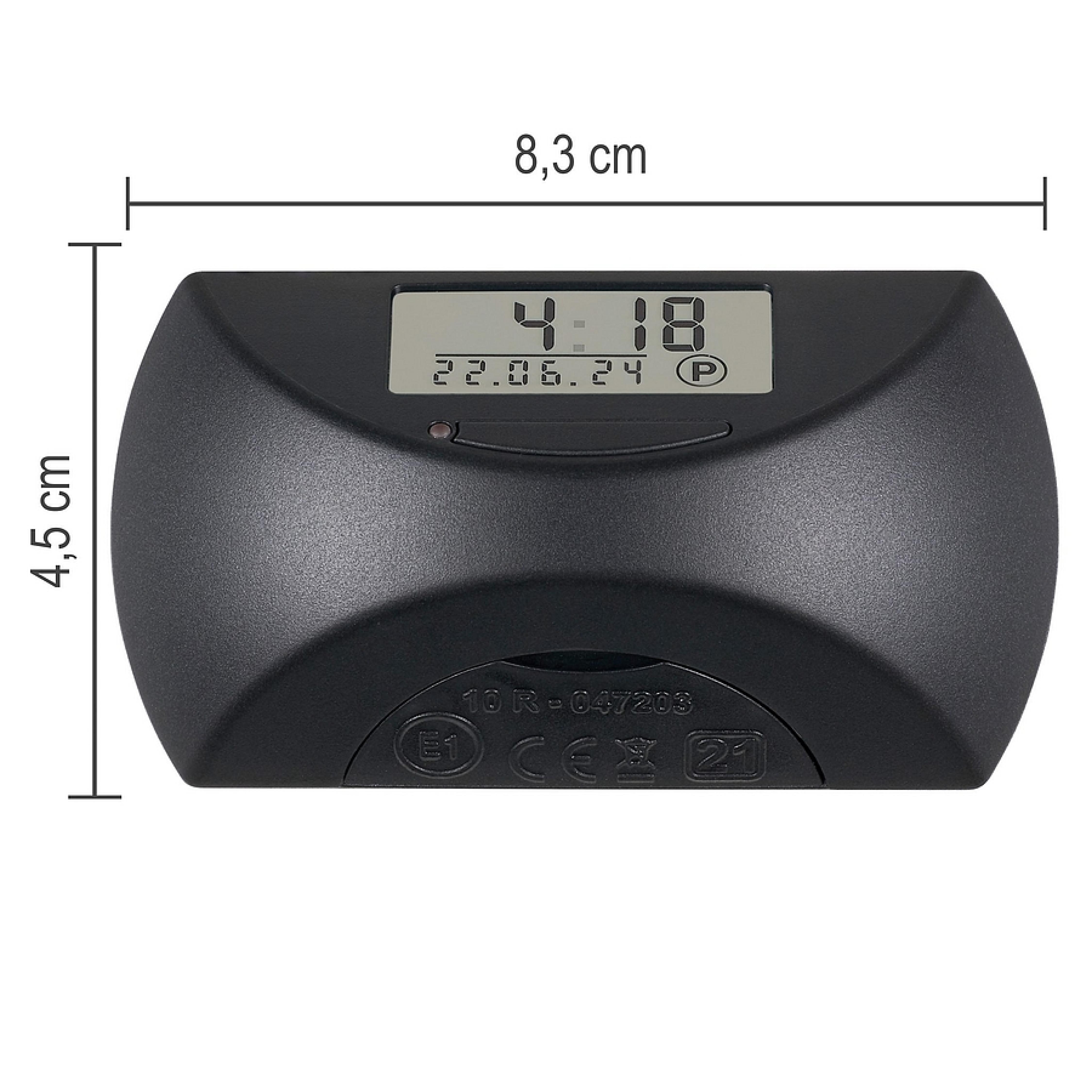 Elektronische Parkscheibe in Schwarz mit LCD-Display und den Abmessungen 8,3 x 4,5 cm