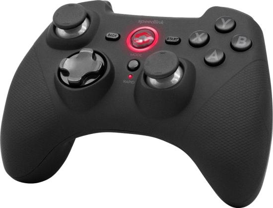 Schwarzer kabelloser Gamepad mit Tasten und Steuerkreuz