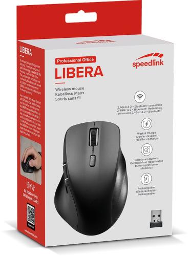 Verpackung der kabellosen Speedlink LIBERA Maus mit verschiedenen Funktionen wie Bluetooth-Verbindung und Work & Charge-Technologie dargestellt.