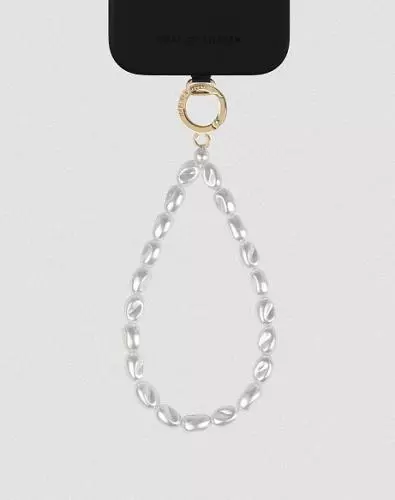 Elegante silberne Perlen-Handykette an schwarzem Handyhüllen-Ring