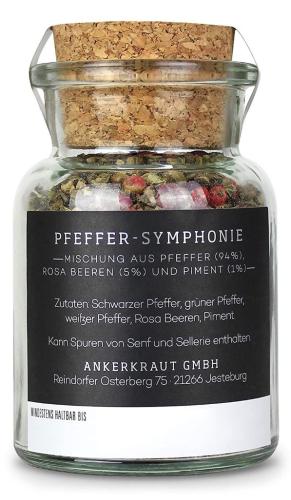 Glas mit Ankerkraut Pfeffer-Symphonie: Mischung aus schwarzem, grünem, weißen Pfeffer, rosa Beeren und Piment, mit Korkverschluss.